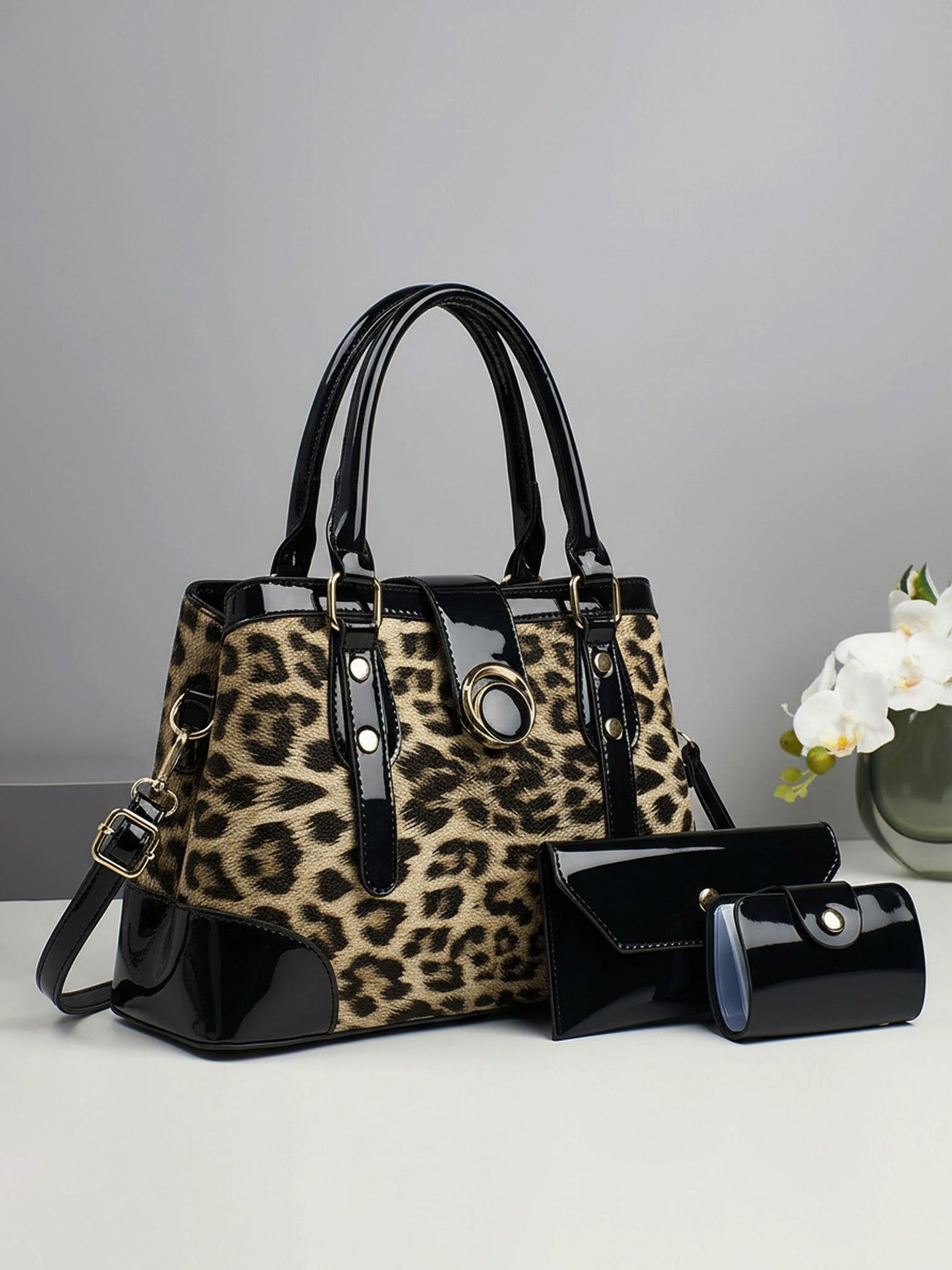 3 Pieces Leopard Faux Leather Crossbody Shoulder Tote Bag & Card Holder & Purse Set