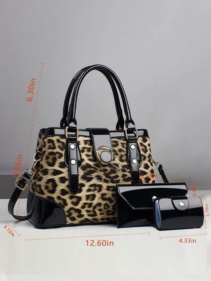 3 Pieces Leopard Faux Leather Crossbody Shoulder Tote Bag & Card Holder & Purse Set