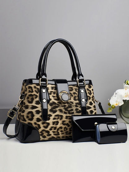3 Pieces Leopard Faux Leather Crossbody Shoulder Tote Bag & Card Holder & Purse Set