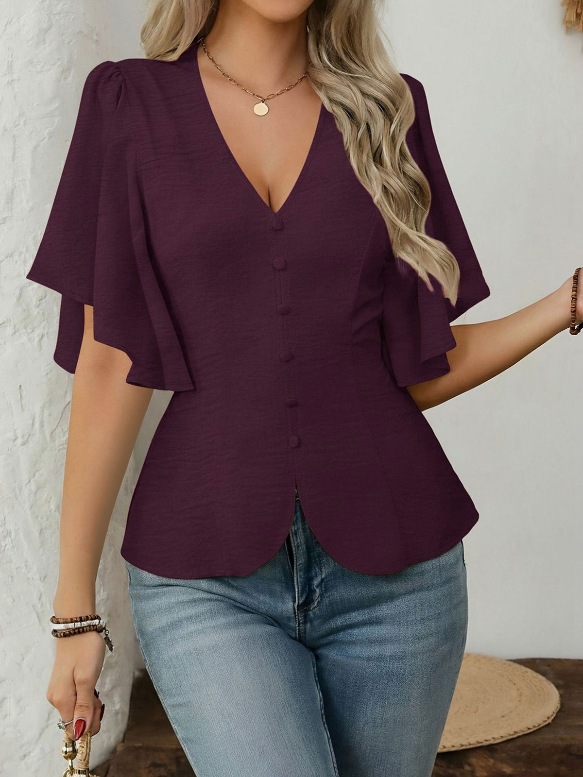 V-Neck Solid Color Flare Sleeve Casual Blouse