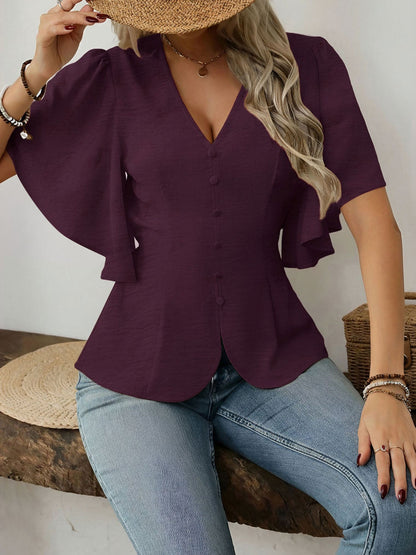 V-Neck Solid Color Flare Sleeve Casual Blouse