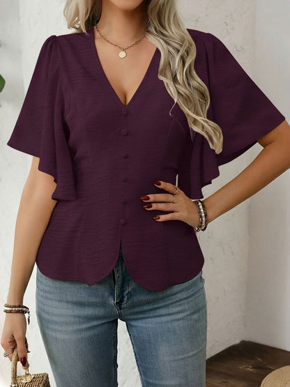 V-Neck Solid Color Flare Sleeve Casual Blouse