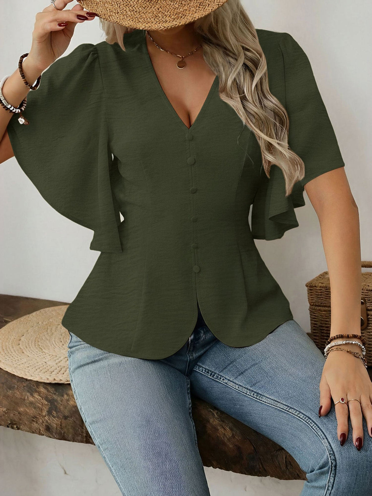 V-Neck Solid Color Flare Sleeve Casual Blouse