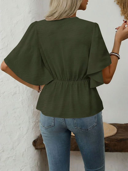V-Neck Solid Color Flare Sleeve Casual Blouse