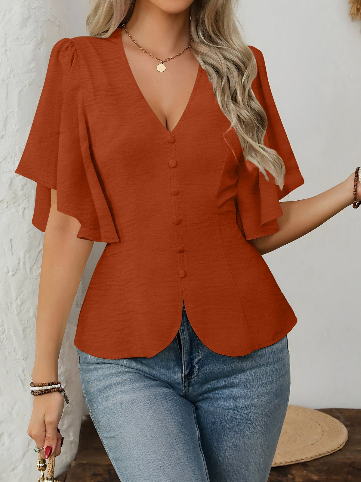 V-Neck Solid Color Flare Sleeve Casual Blouse