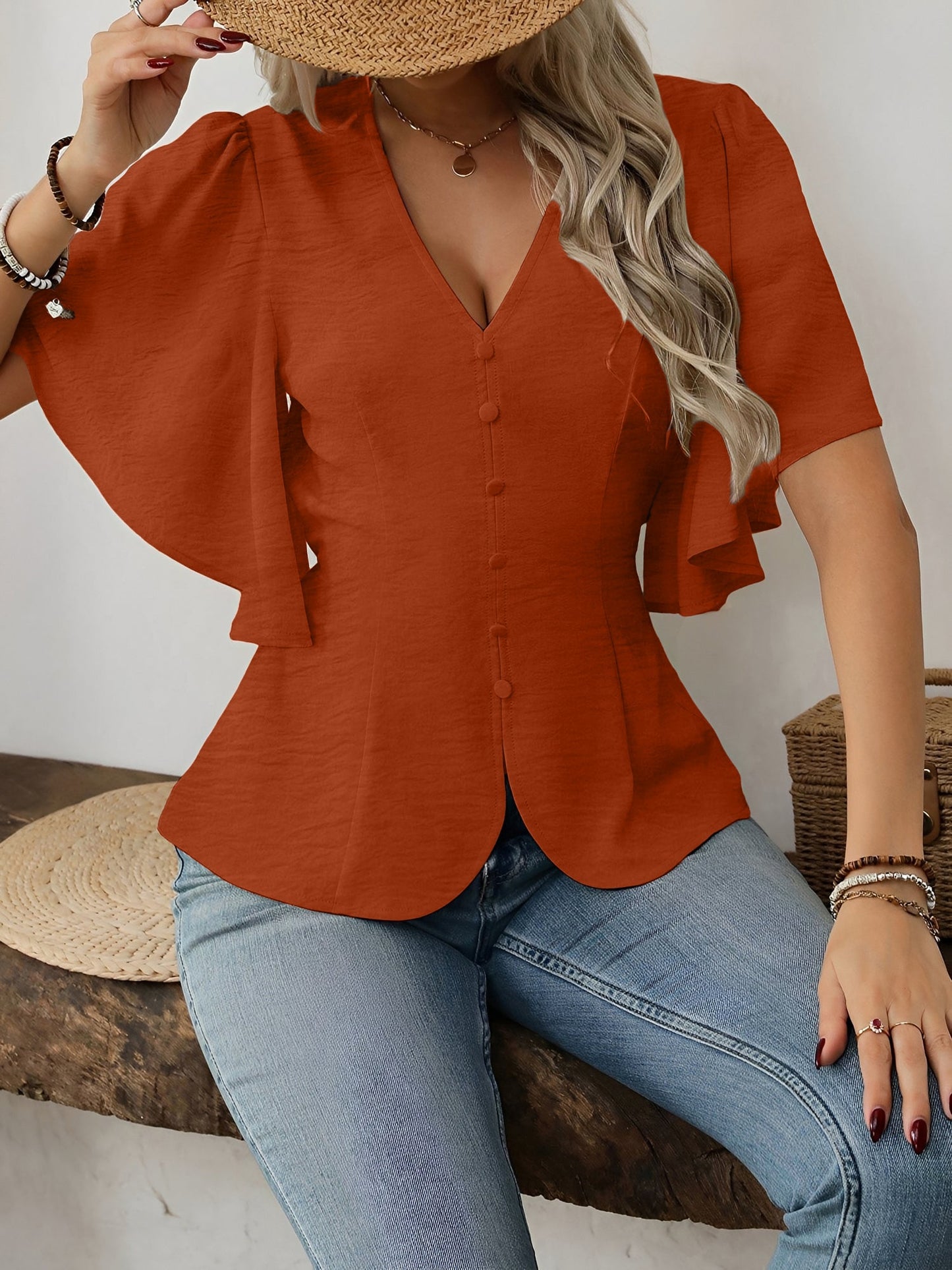 V-Neck Solid Color Flare Sleeve Casual Blouse