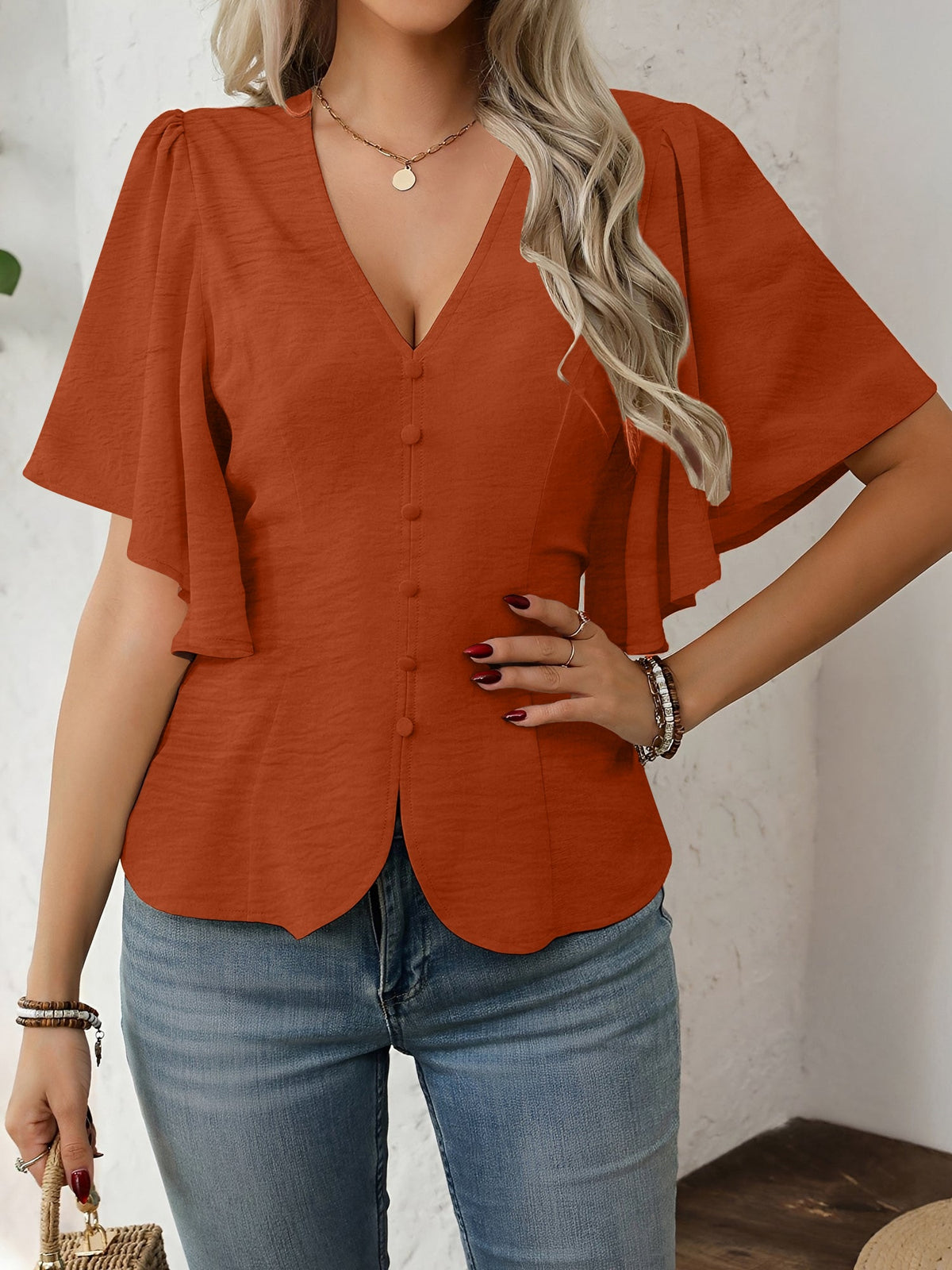 V-Neck Solid Color Flare Sleeve Casual Blouse