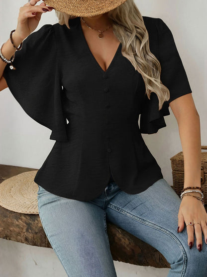 V-Neck Solid Color Flare Sleeve Casual Blouse