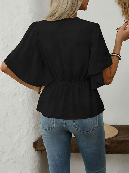 V-Neck Solid Color Flare Sleeve Casual Blouse