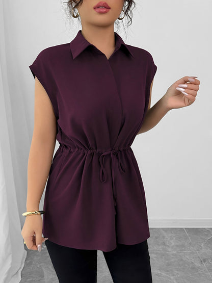 Collared Cap Sleeves Lace-Up Solid Color Blouse