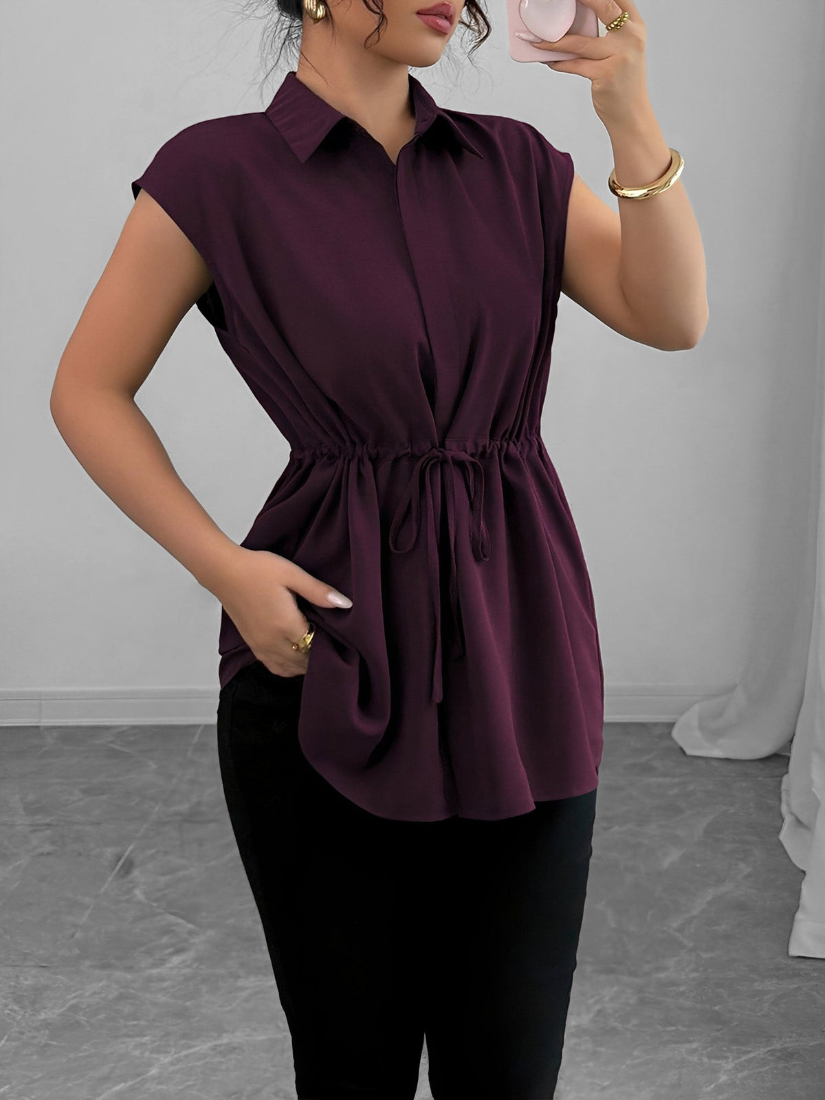 Collared Cap Sleeves Lace-Up Solid Color Blouse