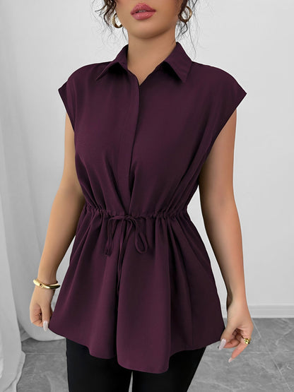 Collared Cap Sleeves Lace-Up Solid Color Blouse