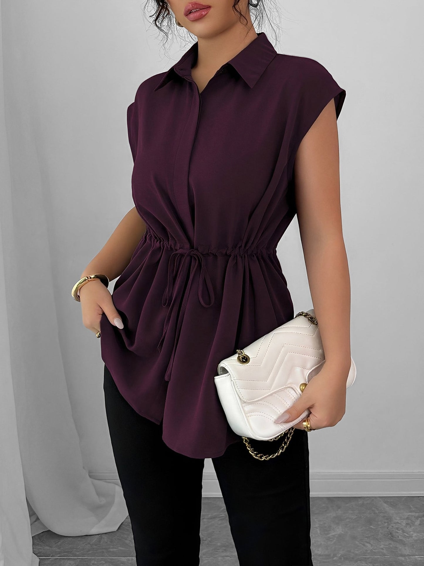 Collared Cap Sleeves Lace-Up Solid Color Blouse