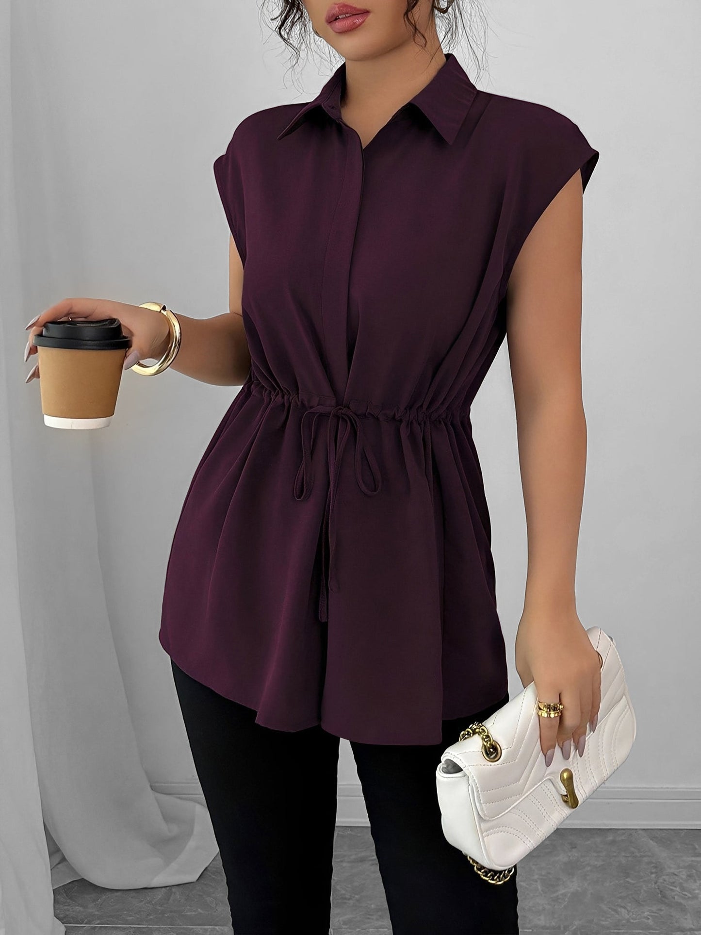 Collared Cap Sleeves Lace-Up Solid Color Blouse