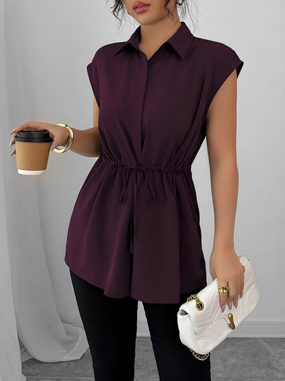 Collared Cap Sleeves Lace-Up Solid Color Blouse