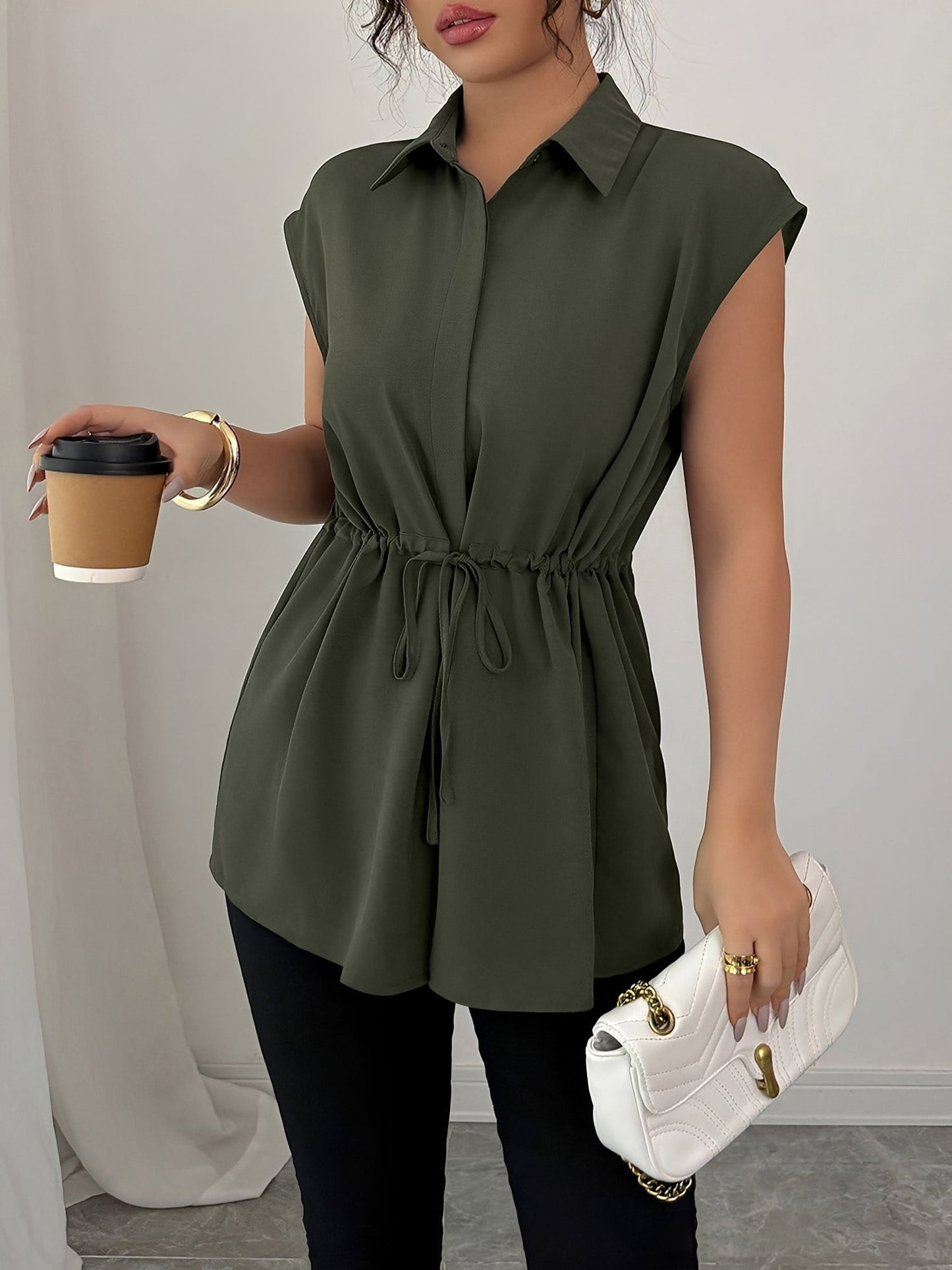 Collared Cap Sleeves Lace-Up Solid Color Blouse