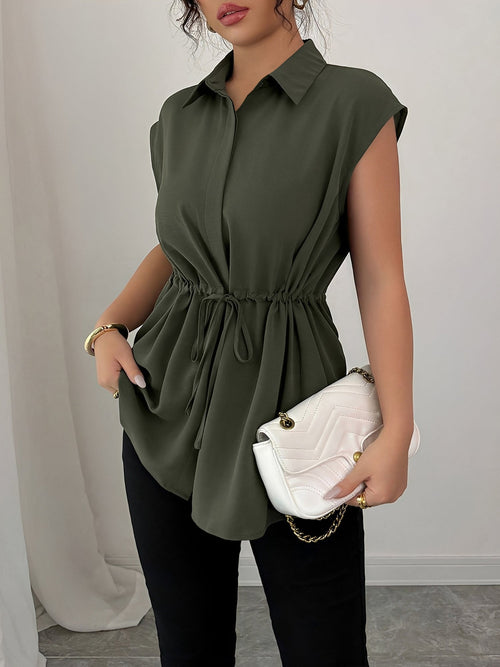 Collared Cap Sleeves Lace-Up Solid Color Blouse