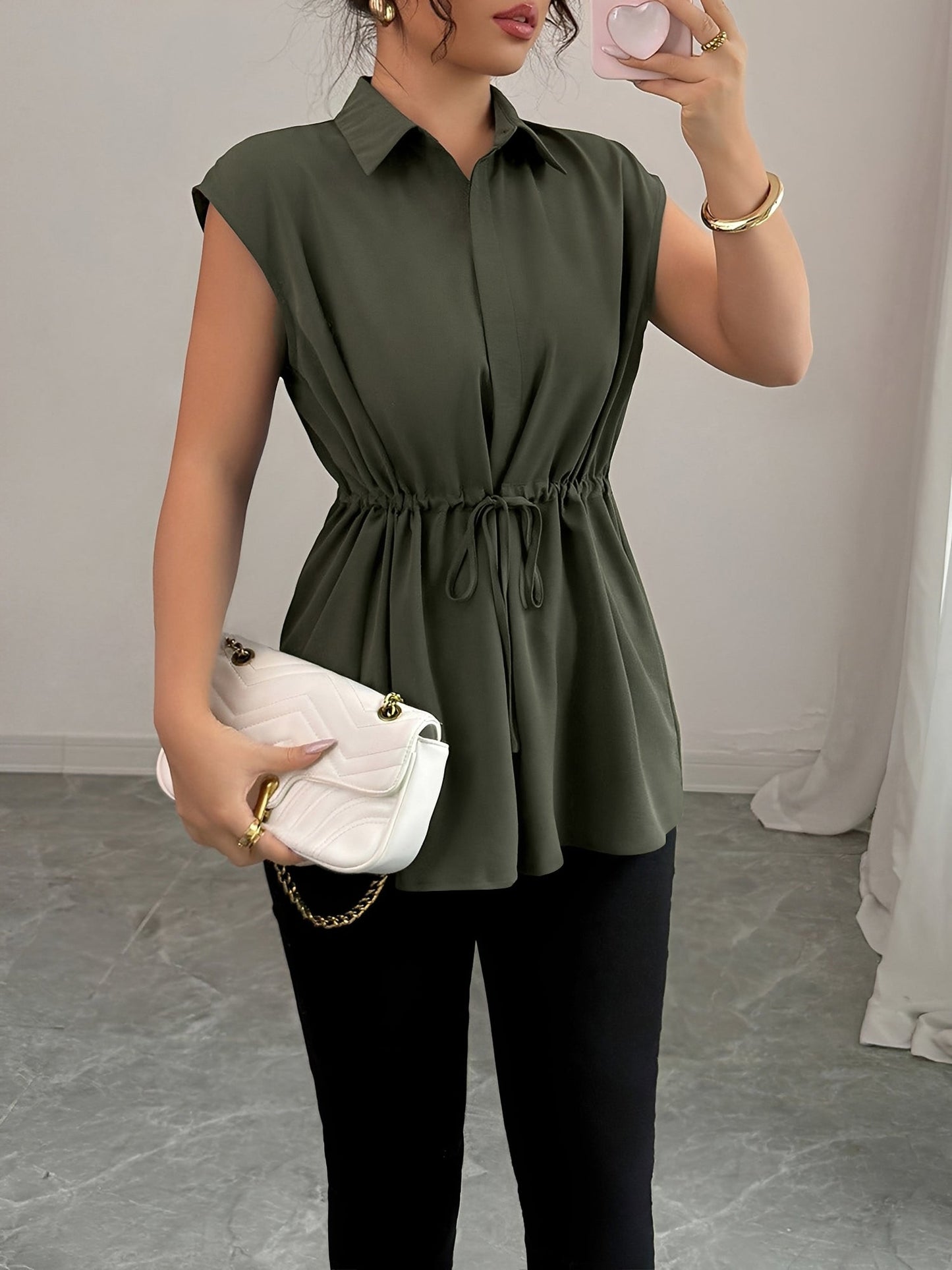 Collared Cap Sleeves Lace-Up Solid Color Blouse