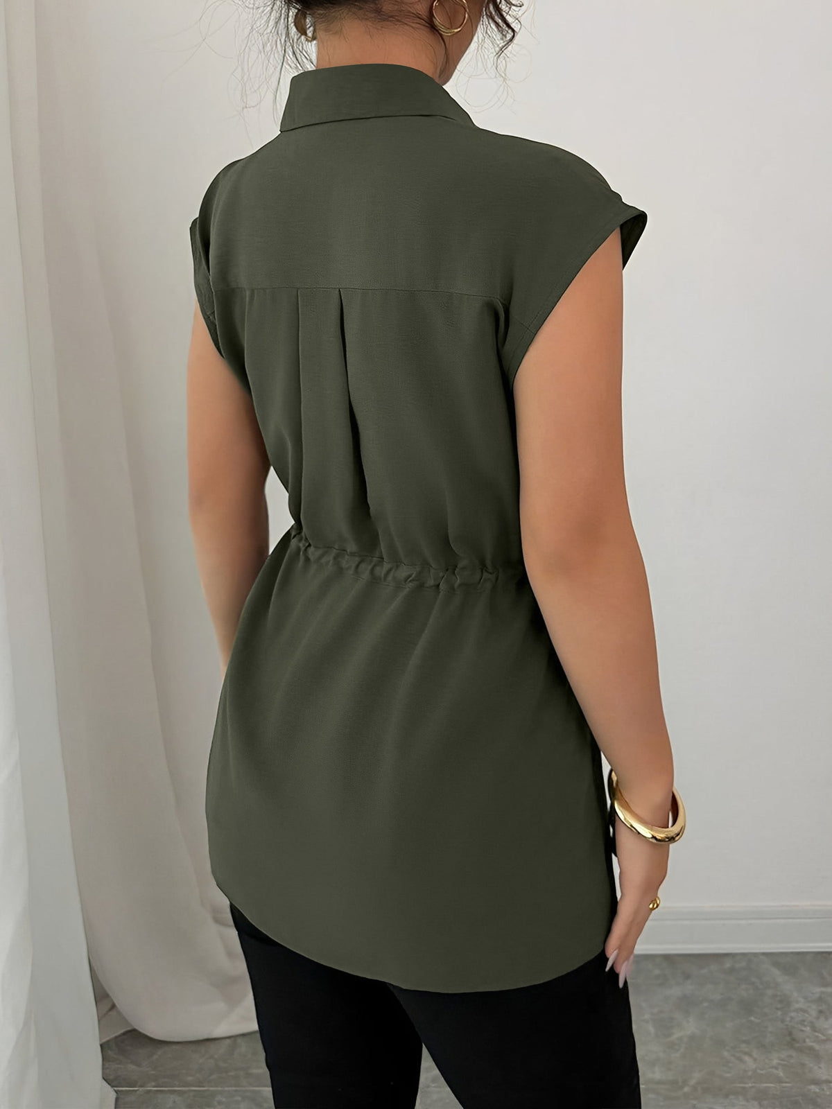 Collared Cap Sleeves Lace-Up Solid Color Blouse