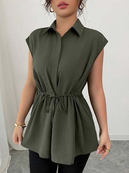 Collared Cap Sleeves Lace-Up Solid Color Blouse