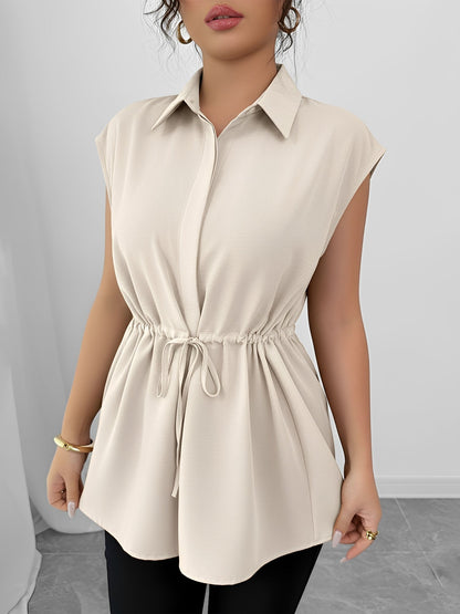 Collared Cap Sleeves Lace-Up Solid Color Blouse