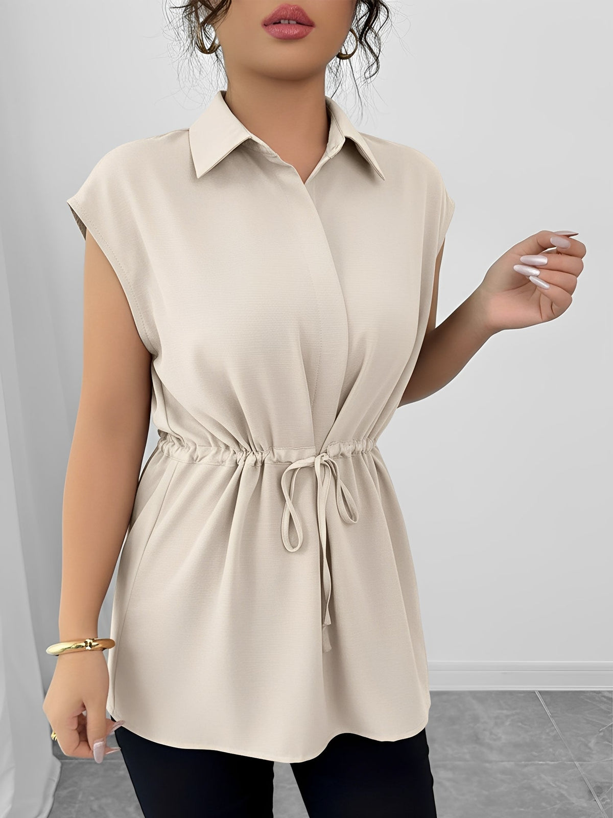 Collared Cap Sleeves Lace-Up Solid Color Blouse