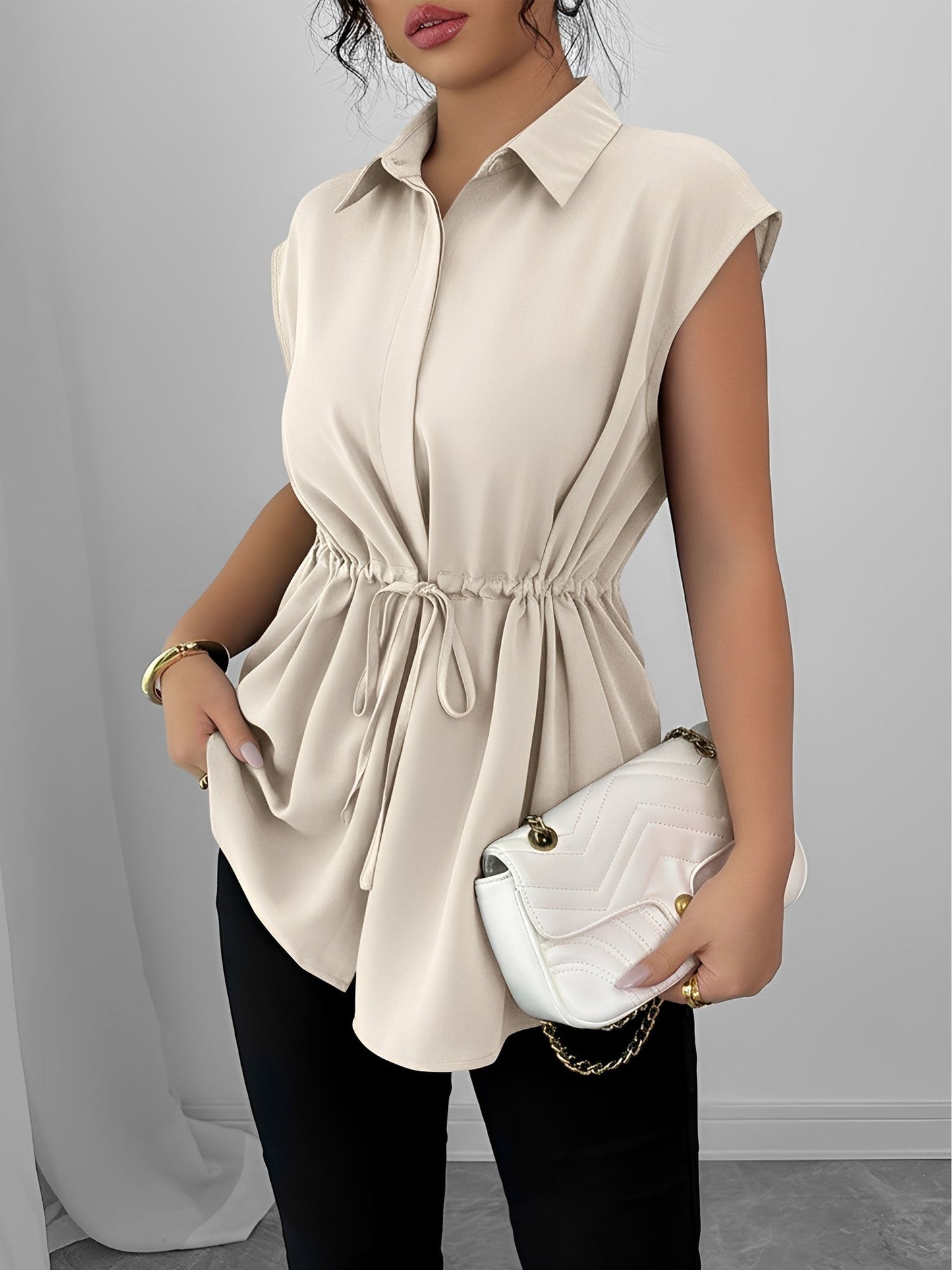 Collared Cap Sleeves Lace-Up Solid Color Blouse