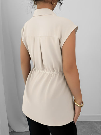 Collared Cap Sleeves Lace-Up Solid Color Blouse