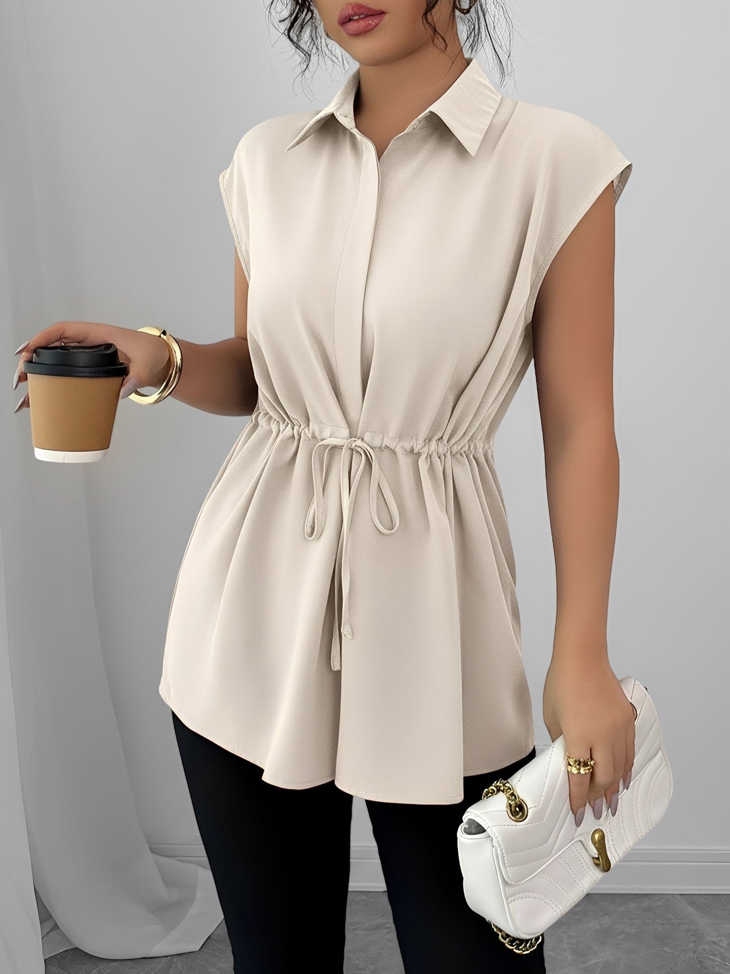 Collared Cap Sleeves Lace-Up Solid Color Blouse