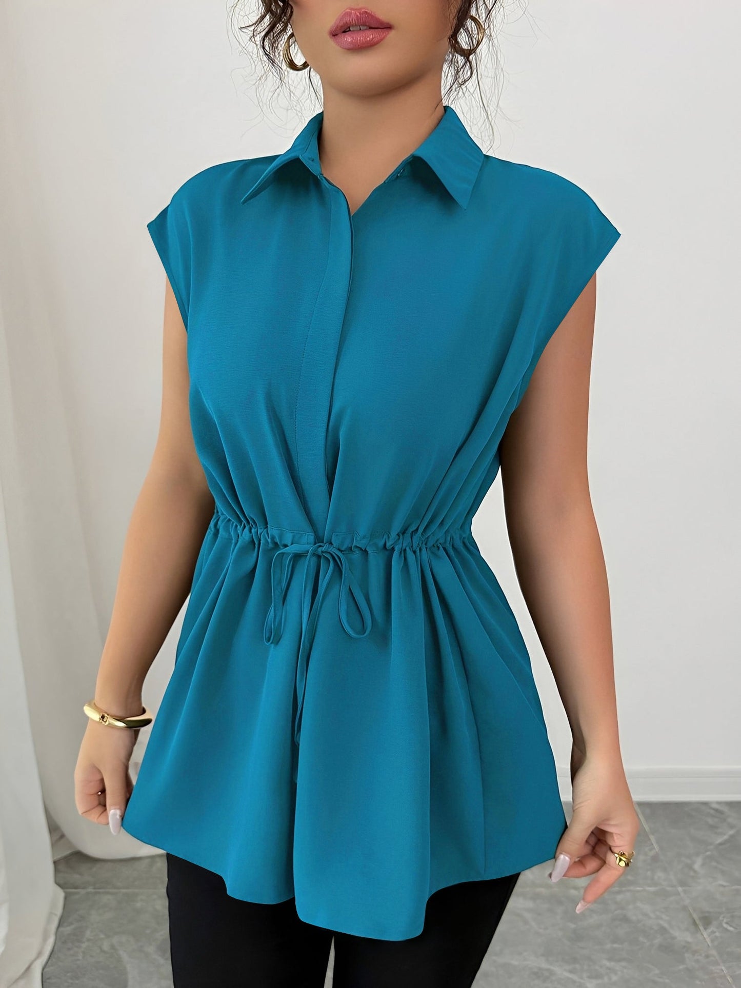 Collared Cap Sleeves Lace-Up Solid Color Blouse