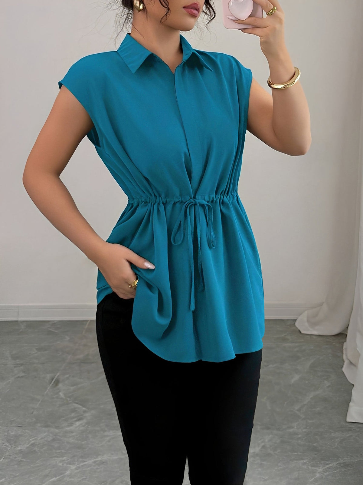 Collared Cap Sleeves Lace-Up Solid Color Blouse