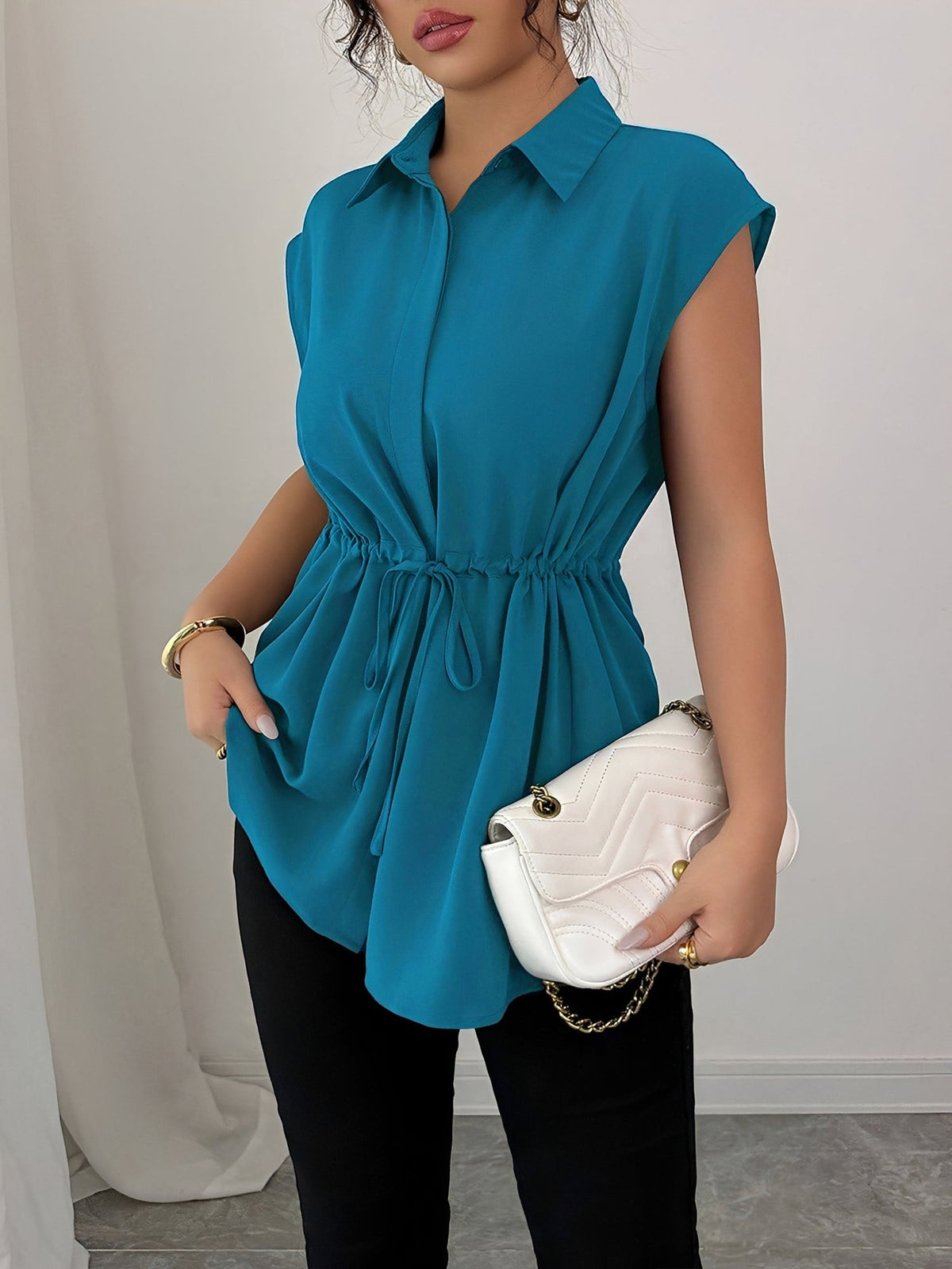 Collared Cap Sleeves Lace-Up Solid Color Blouse