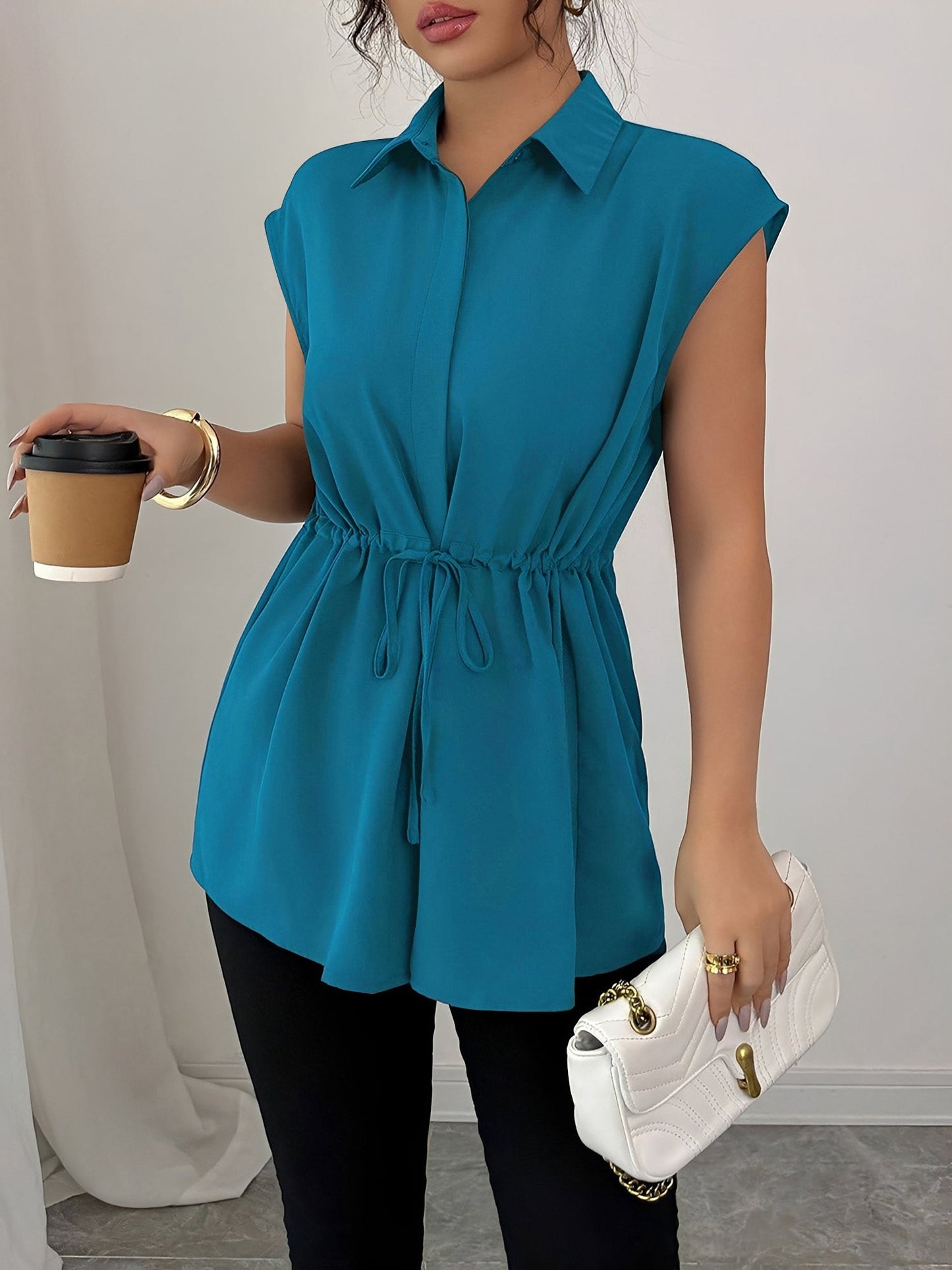 Collared Cap Sleeves Lace-Up Solid Color Blouse