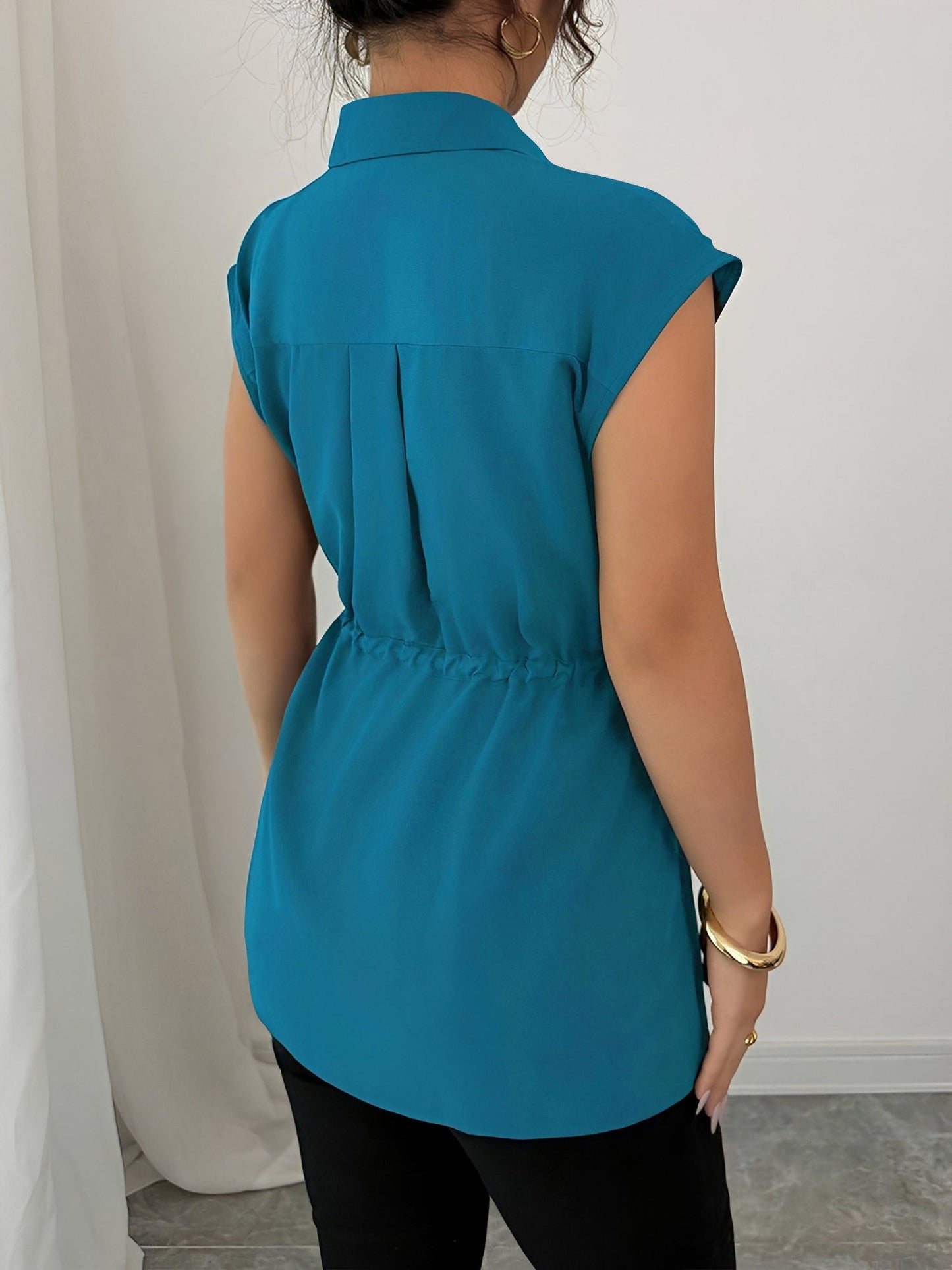 Collared Cap Sleeves Lace-Up Solid Color Blouse