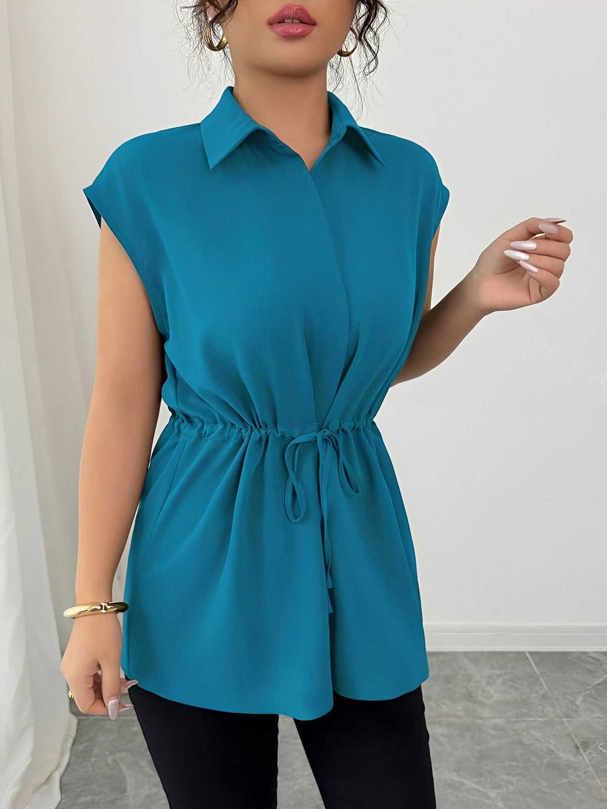 Collared Cap Sleeves Lace-Up Solid Color Blouse