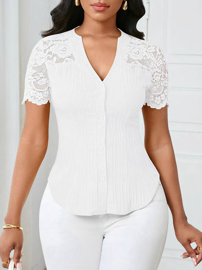 Lace Patchwork Short Sleeves Casual Blouse