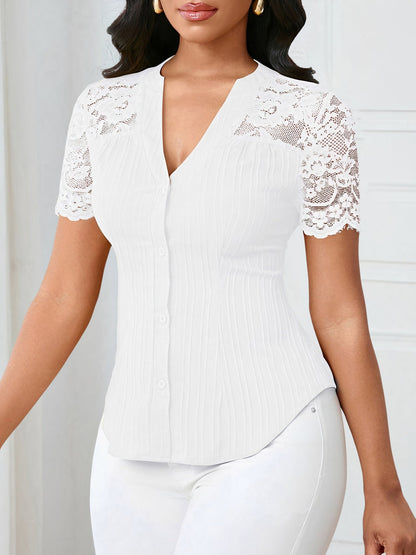 Lace Patchwork Short Sleeves Casual Blouse
