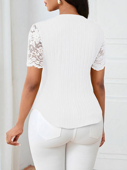Lace Patchwork Short Sleeves Casual Blouse