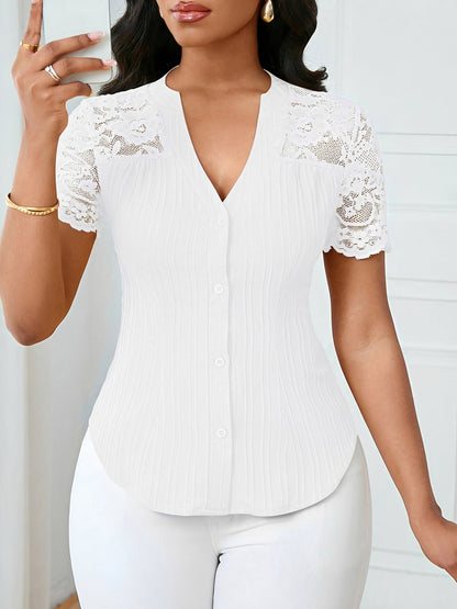 Lace Patchwork Short Sleeves Casual Blouse