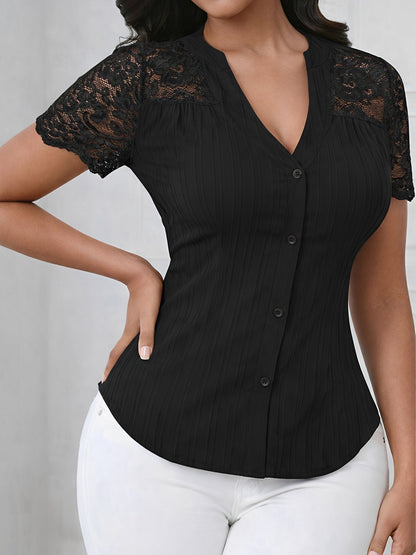 Lace Patchwork Short Sleeves Casual Blouse