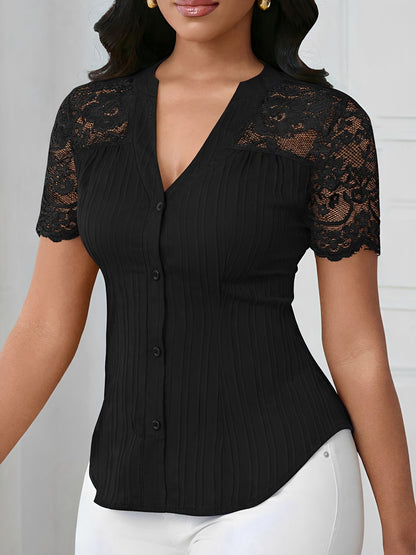Lace Patchwork Short Sleeves Casual Blouse