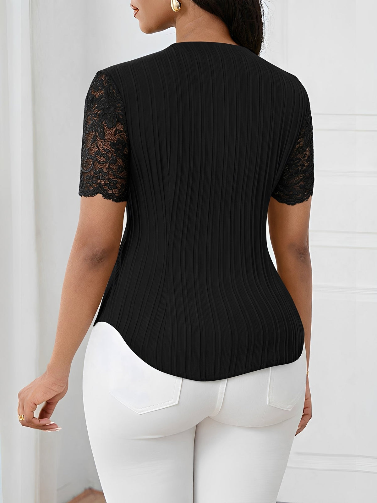 Lace Patchwork Short Sleeves Casual Blouse