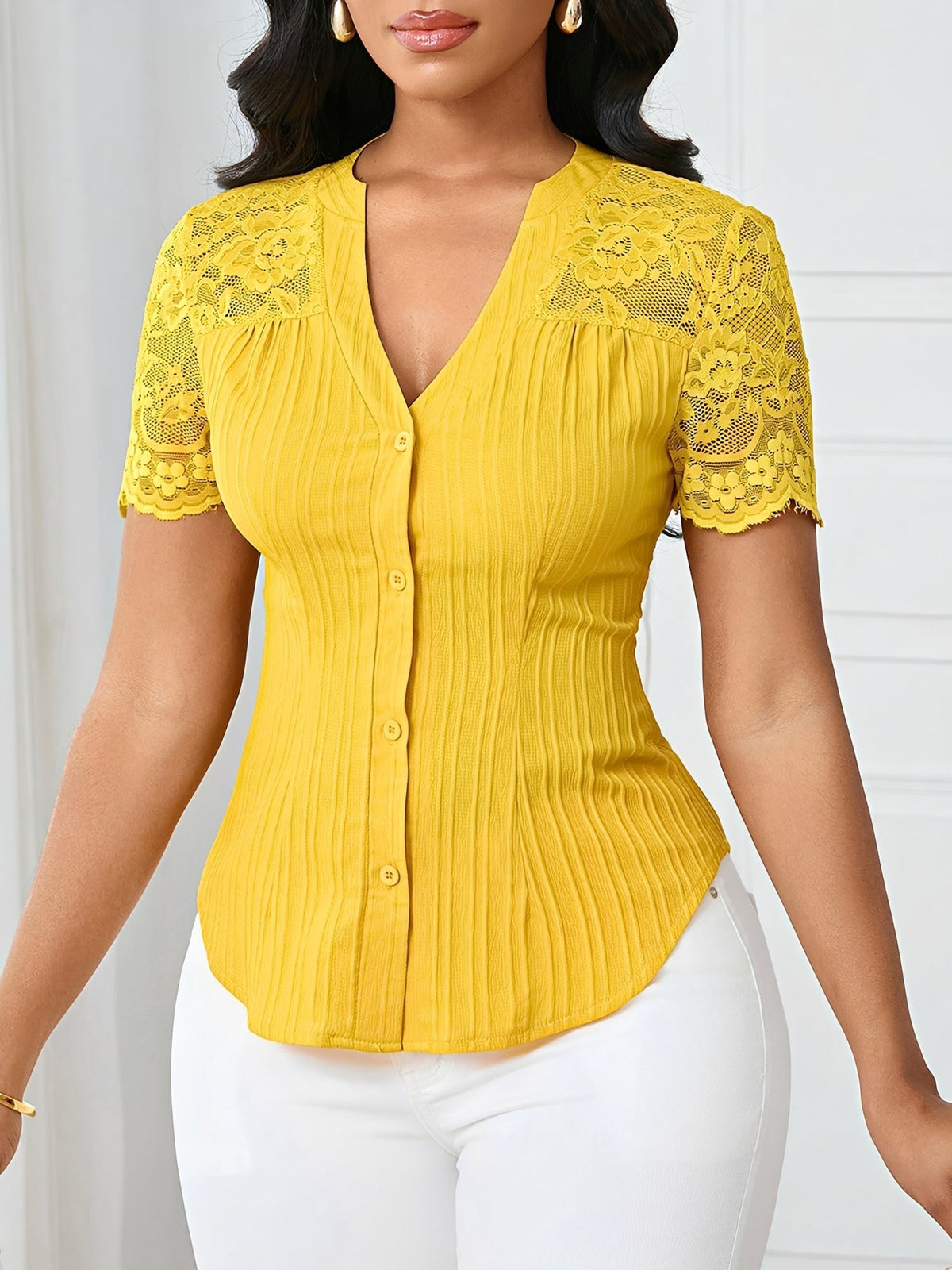 Lace Patchwork Short Sleeves Casual Blouse