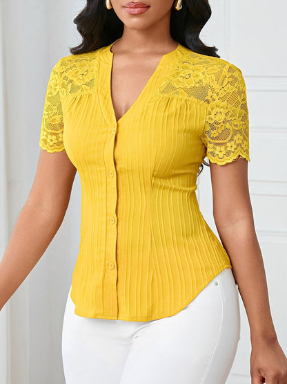 Lace Patchwork Short Sleeves Casual Blouse