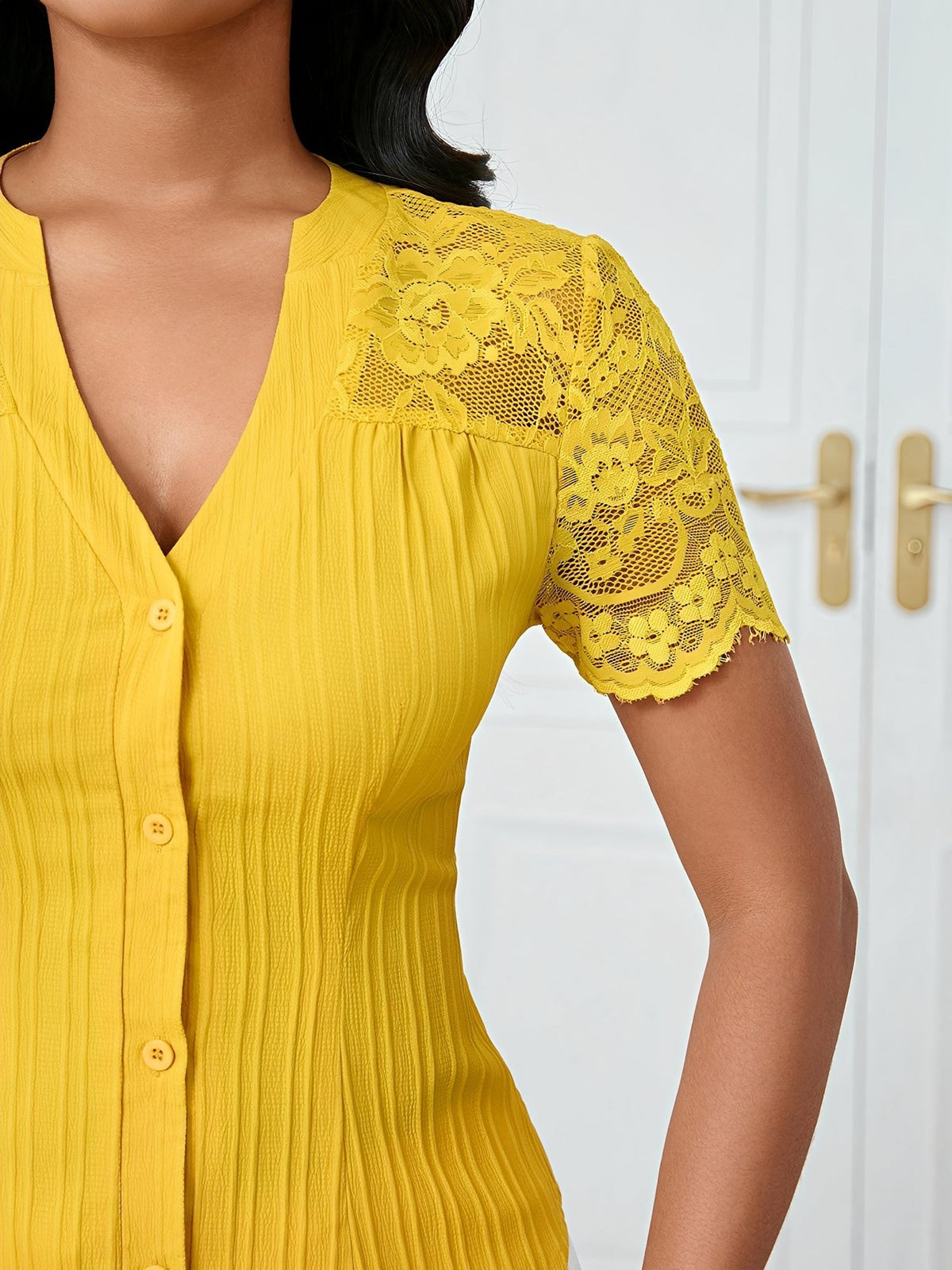 Lace Patchwork Short Sleeves Casual Blouse