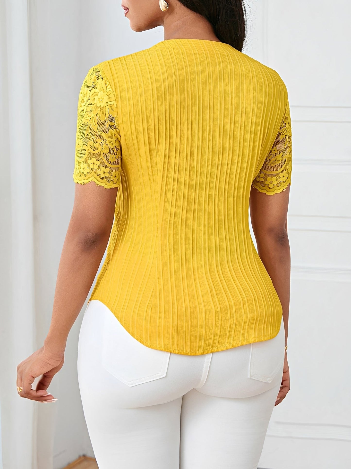 Lace Patchwork Short Sleeves Casual Blouse
