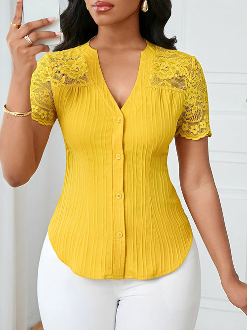 Lace Patchwork Short Sleeves Casual Blouse