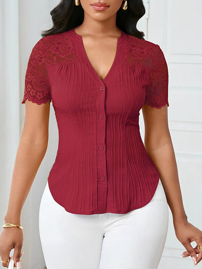 Lace Patchwork Short Sleeves Casual Blouse