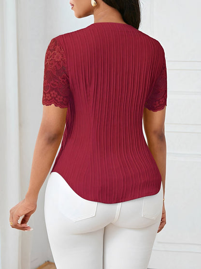 Lace Patchwork Short Sleeves Casual Blouse