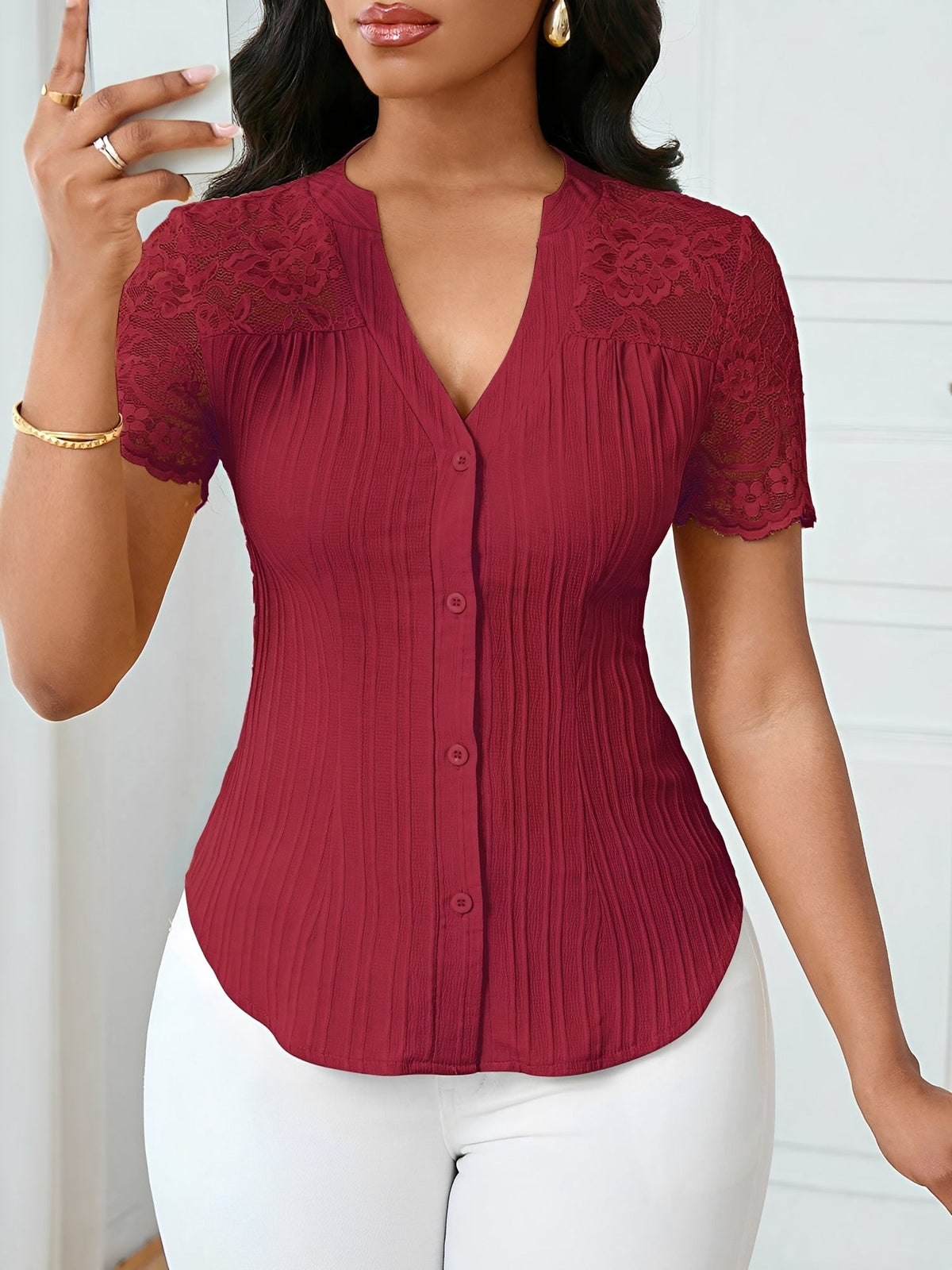 Lace Patchwork Short Sleeves Casual Blouse